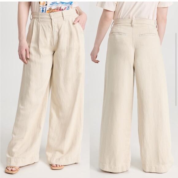 Mother high waisted pouty prep heel pants ultra wide leg linen lyocell cream 28 - Picture 1 of 16